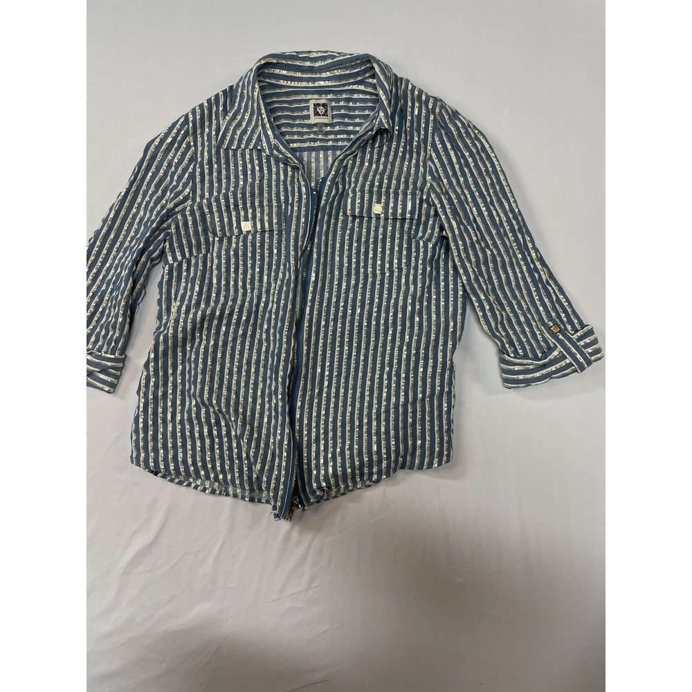 Anne Klein Zip Up 3/4 Sleeve Pin Striped Blouse Mountain Lake Combo Medium